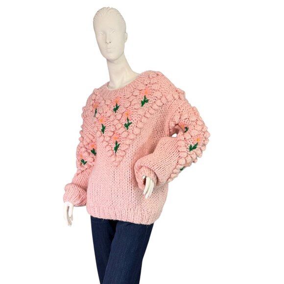 CHICWISH Stitch Floral Diamond Pom-Pom Sweater in Pink Handmade $109 Size M - Picture 8 of 9